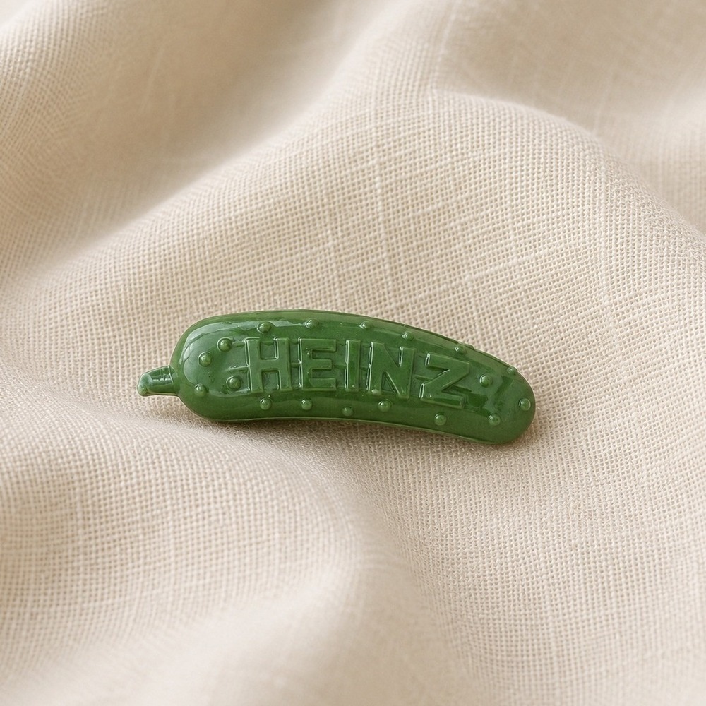 Vintage Heinz Pickle Advertising Pin Green Plastic Gherkin Promo Lapel Pin 1.25"